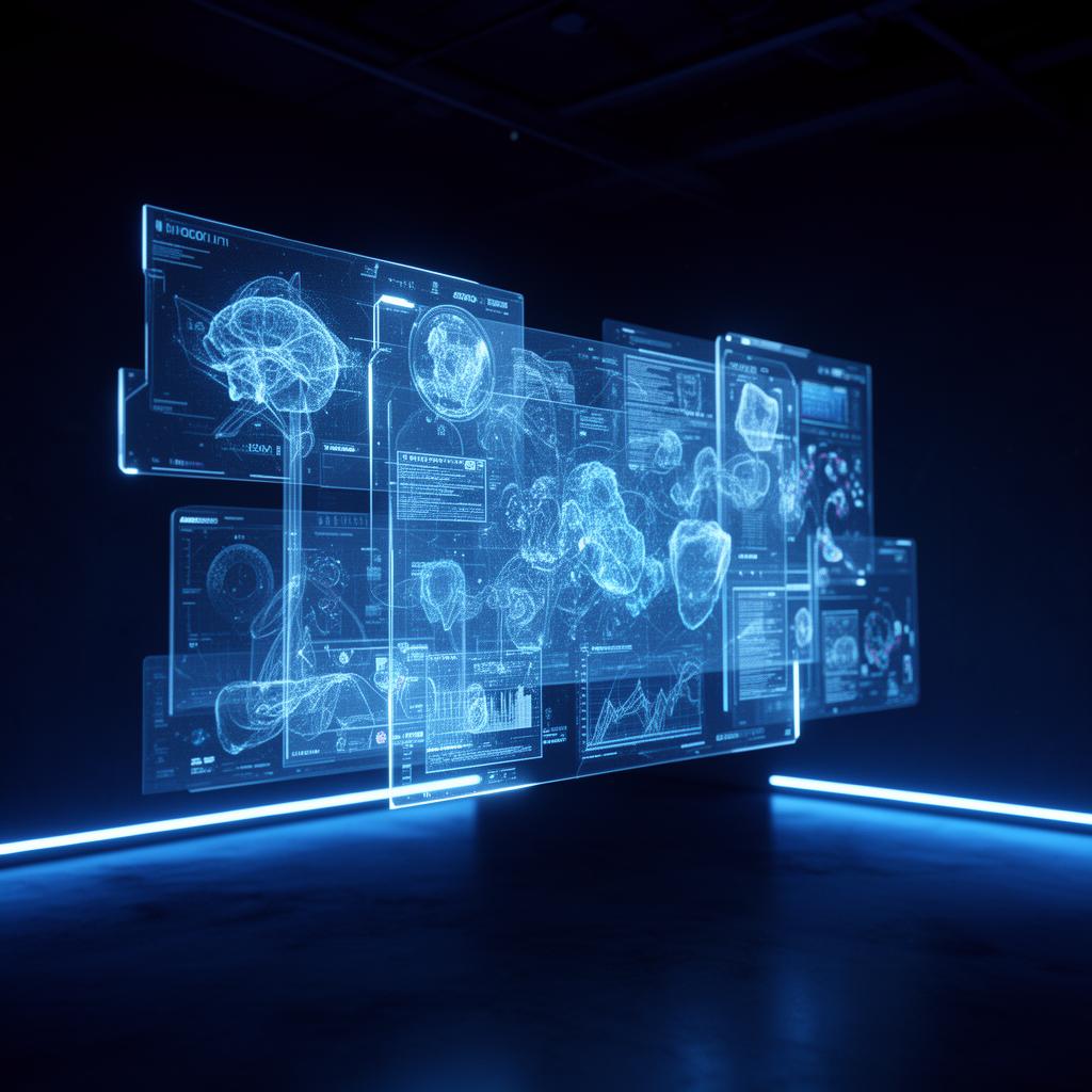 Holographic AI agent interface in a dark futuristic room