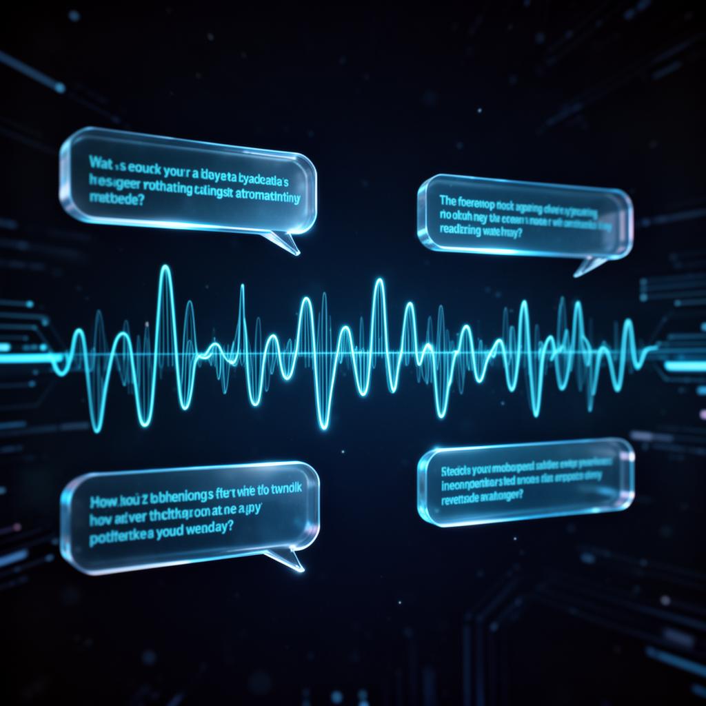 Futuristic AI assistant interface with chat bubbles and waveform